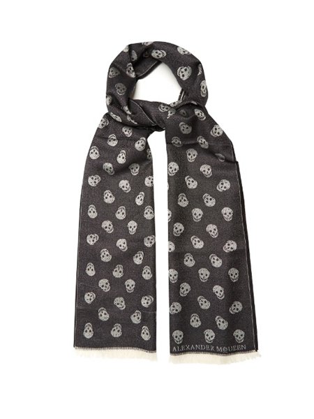 Cheap Alexander Mcqueen Black Skull-Jacquard Wool And Silk-Blend Scarf For Men On Sale
