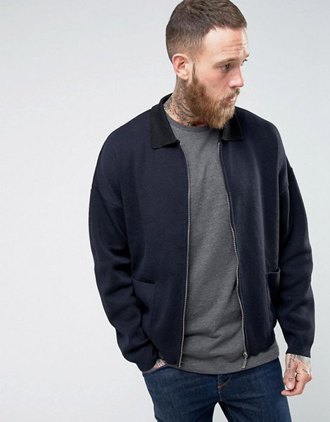 Designers Asos Navy Knitted Jacket With Contrast Collar For Men