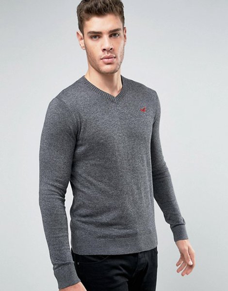 Latest Hollister Charcoal V-Neck Knit Jumper For Men Online Sale