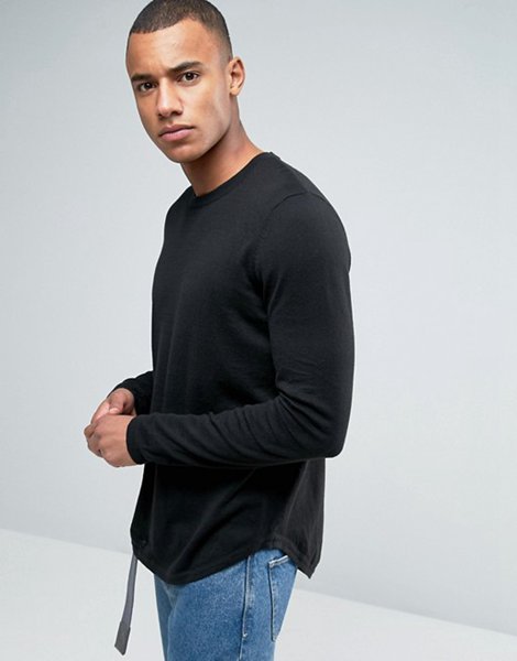 Cheap Asos Black Crew Neck Jumper With Curved Hem For Men Sale