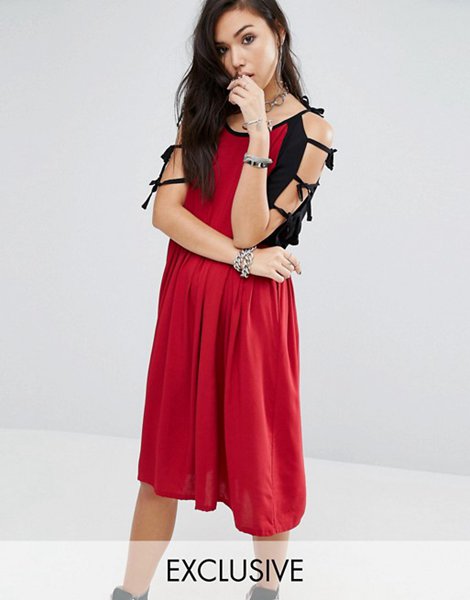 Cheap Milk It Red Vintage Contrast Dress With Arm Ties For Women On Sale
