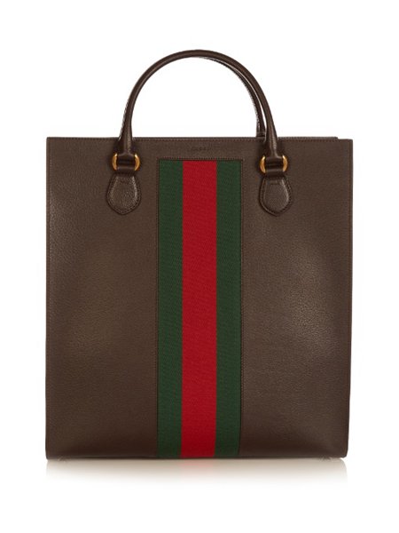New Trendy Gucci Dark Brown Grained Leather Web-Panel Leather Tote For Men Sale