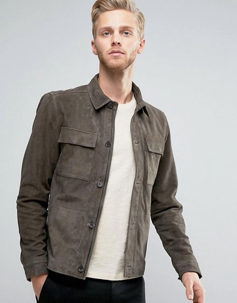 New Trendy Selected Homme Black Olive Suede Harrington Jacket For Men Sale