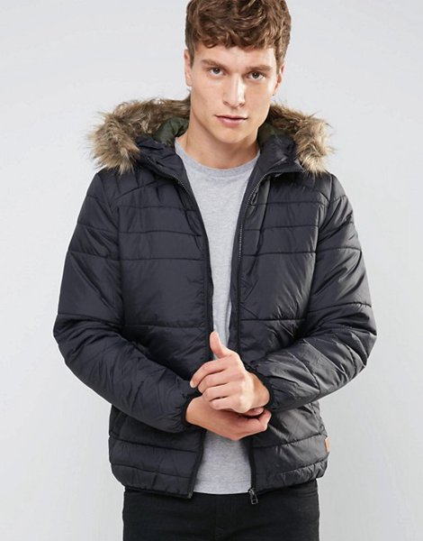 Stylish Jack & Jones Black Originals Padded Jacket With Faux Fur Hood For Men On Sale