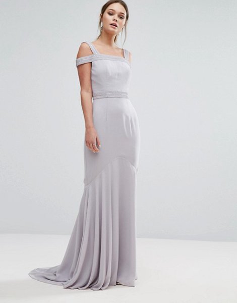 The Hottest Styles Jarlo Grey Square Neck Cold Shoulder Maxi Dress With Fishtail For Women On Sale