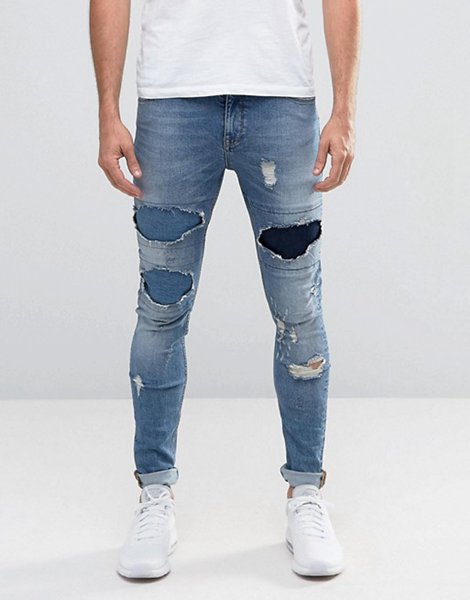 Asos Mid Blue Super Skinny Jeans With Rips For Men Online