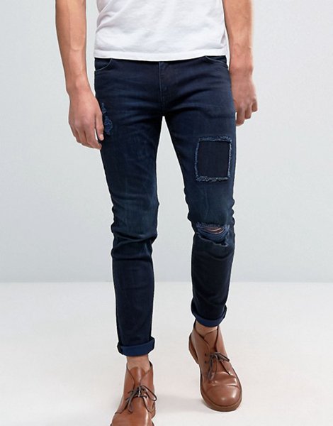 Cheap Asos Dark Blue Skinny Jeans With Rip And Repair For Men Outlet
