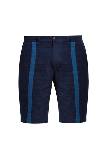 Designers Blue Blue Japan Indigo Blue Slim-Leg Striped-Front Cotton Shorts For Men