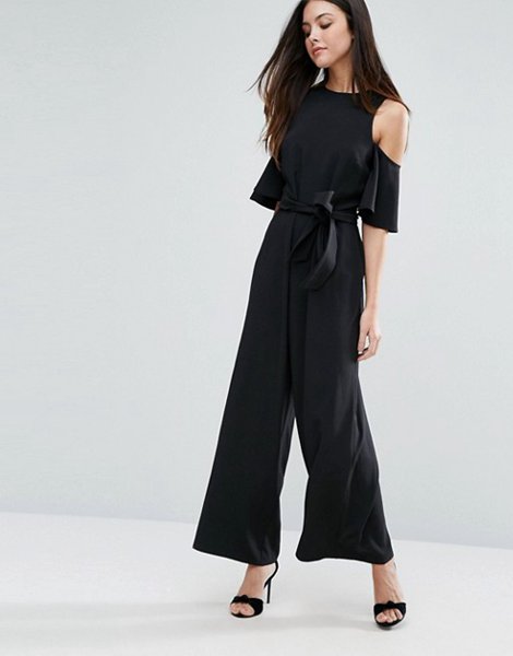 New Trendy Warehouse Black Cold Shoulder Belted Jumpsuit For Women Online Sale