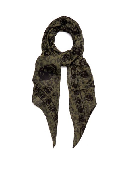 Stylish Alexander Mcqueen Olive Green Black Skull-Print Cotton-Blend Scarf For Men Online Sale
