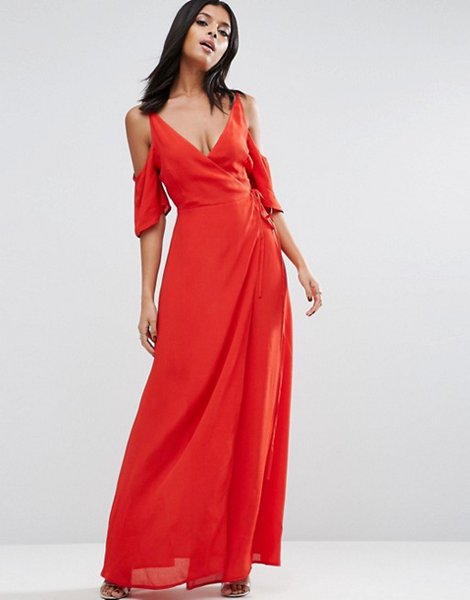 The Hottest Styles Asos Red Wrap Front Maxi Dress With Cold Shoulder For Women Online