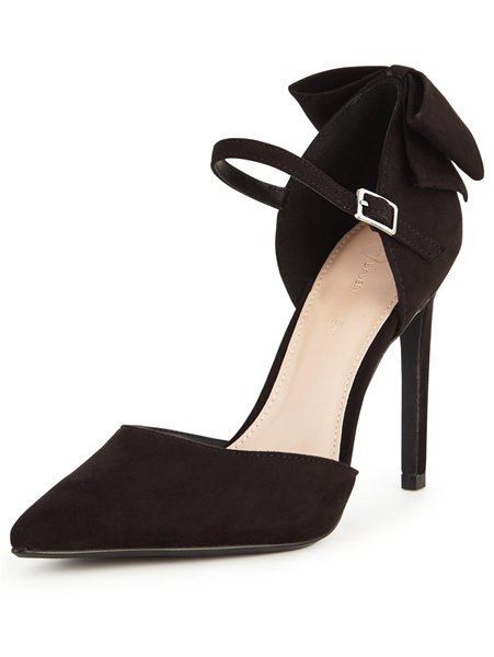 V By Very Ivy Bow With Pearl Detail Black Heeled Shoes For Women