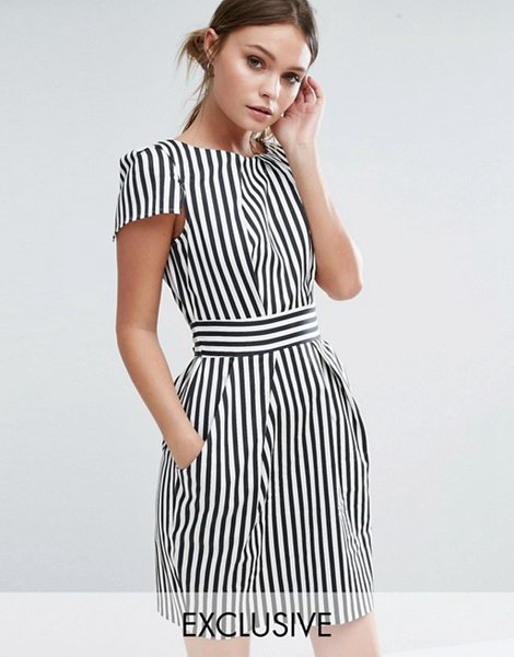 Closet Black/White Stripe Print Short Sleeve Dress For Women Online