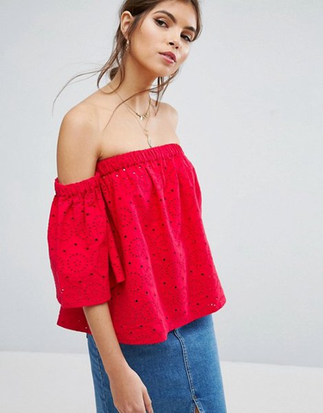 Discounts Asos Red Off Shoulder Top With Fluted Sleeves For Women