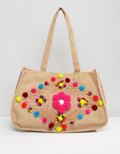 Discounts Glamorous Natural Multi Jute Beach Bag With Pom Pom Detail For Women