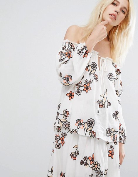 J.O.A White Multi Off Shoulder Top With Floral Embroidery For Women Sale