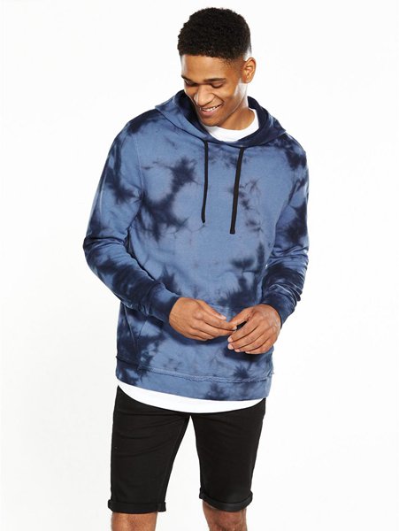 New Trendy River Island Navy Tie Dye Hooded Top For Men