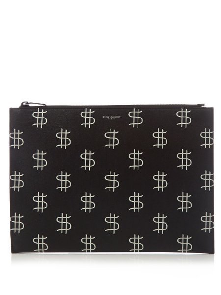 Saint Laurent Black Dollar-Print Leather Pouch For Men On Sale